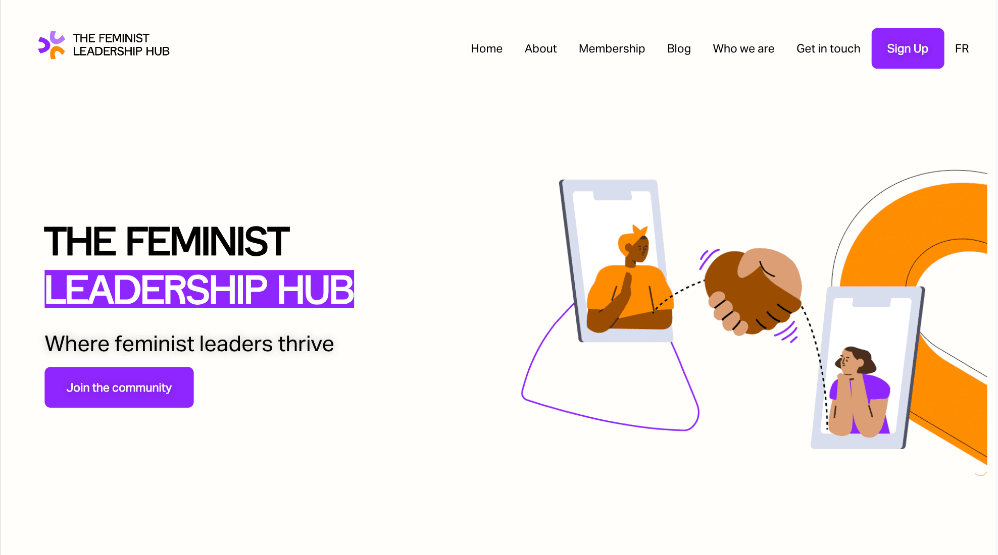 Captura de tela de início do site 'Feminist Leadership Hub'